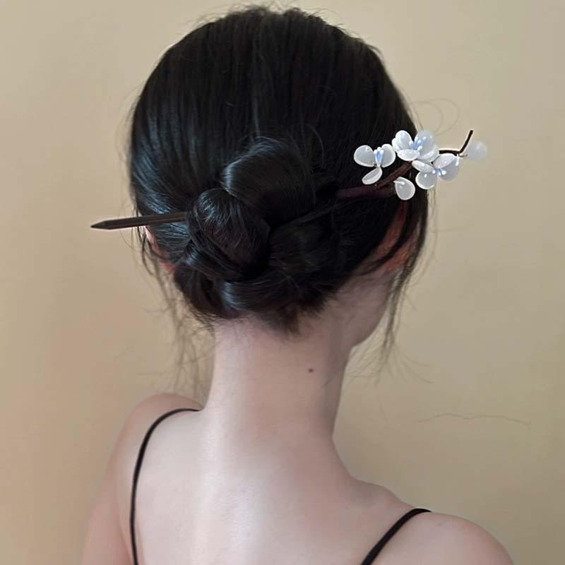 髪飾り 梨花 白 レトロ 花 木製 かんざし 古風 アップスタイル 春 かわいい ヘアアクセサリー 花モチーフ 気質 ビンテージ 木目 仙女風 ディスクアップ