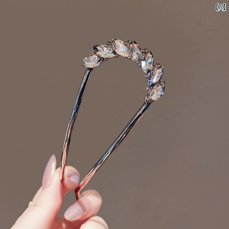 髪飾り レディース U型 かんざし 葉子モチーフ 水晶 金属 高級感 電気メッキ加工 ...