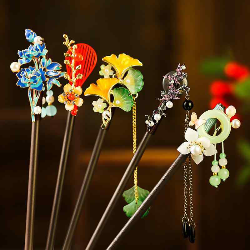 髪飾り かんざし タッセル 黒檀木風 木製 クラシック レトロ 伝統 手作り 花柄 モ...