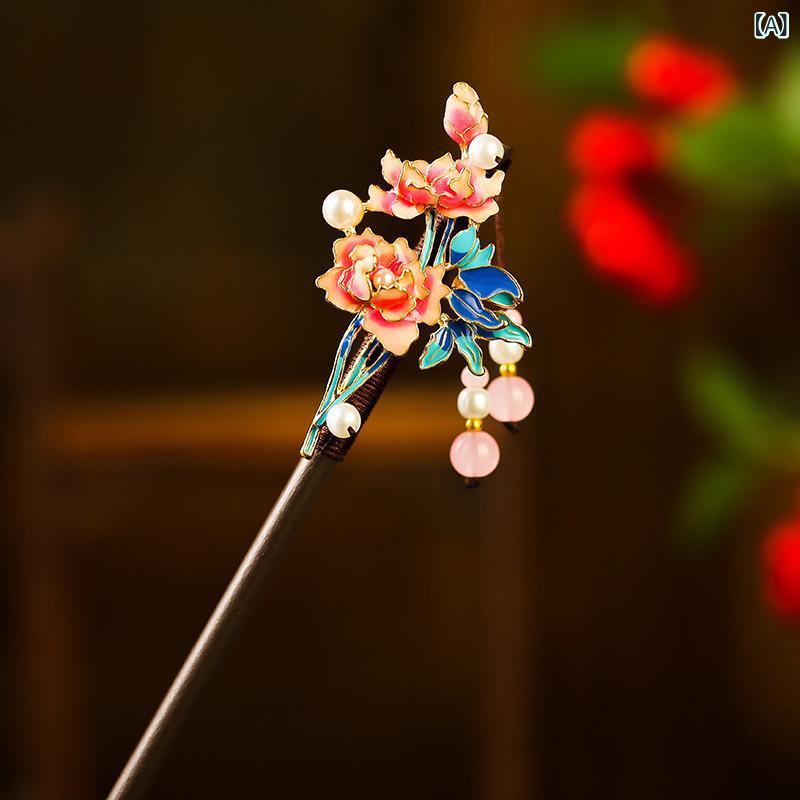 髪飾り かんざし タッセル 黒檀木風 木製 クラシック レトロ 伝統 手作り 花柄 モ...