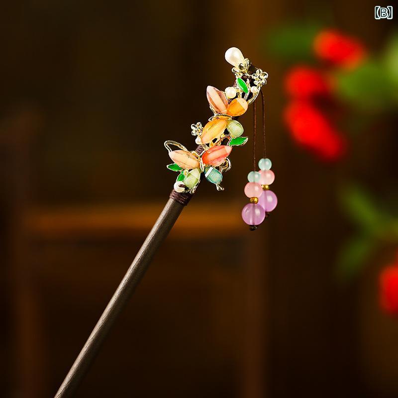 髪飾り かんざし タッセル 黒檀木風 木製 クラシック レトロ 伝統 手作り 花柄 モ...