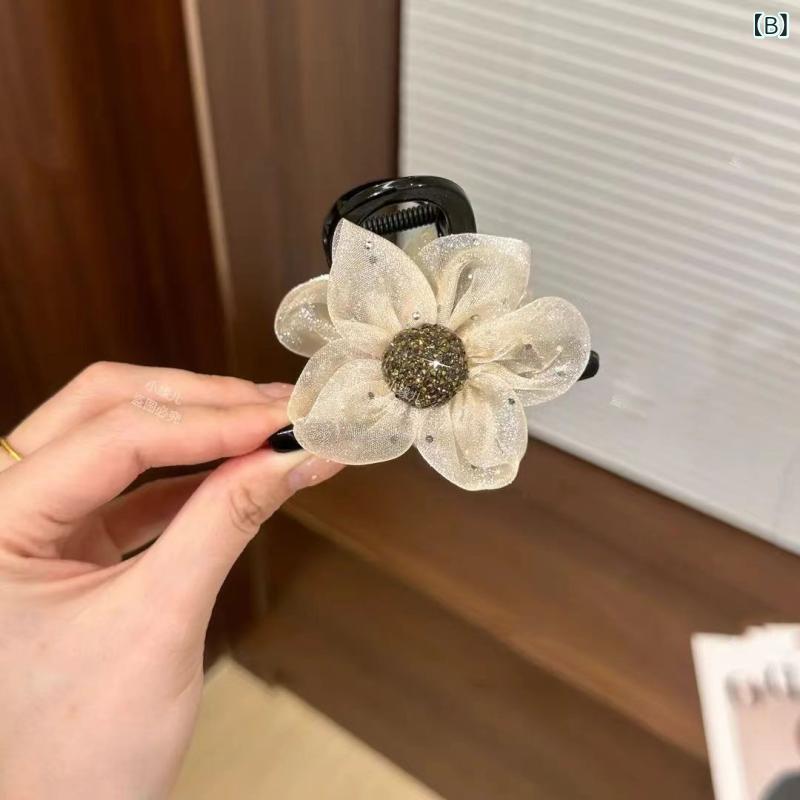 ヘアアクセサリー 女性 花 モチーフ シャーク クリップ 後頭部 韓国風 チュール ひ...