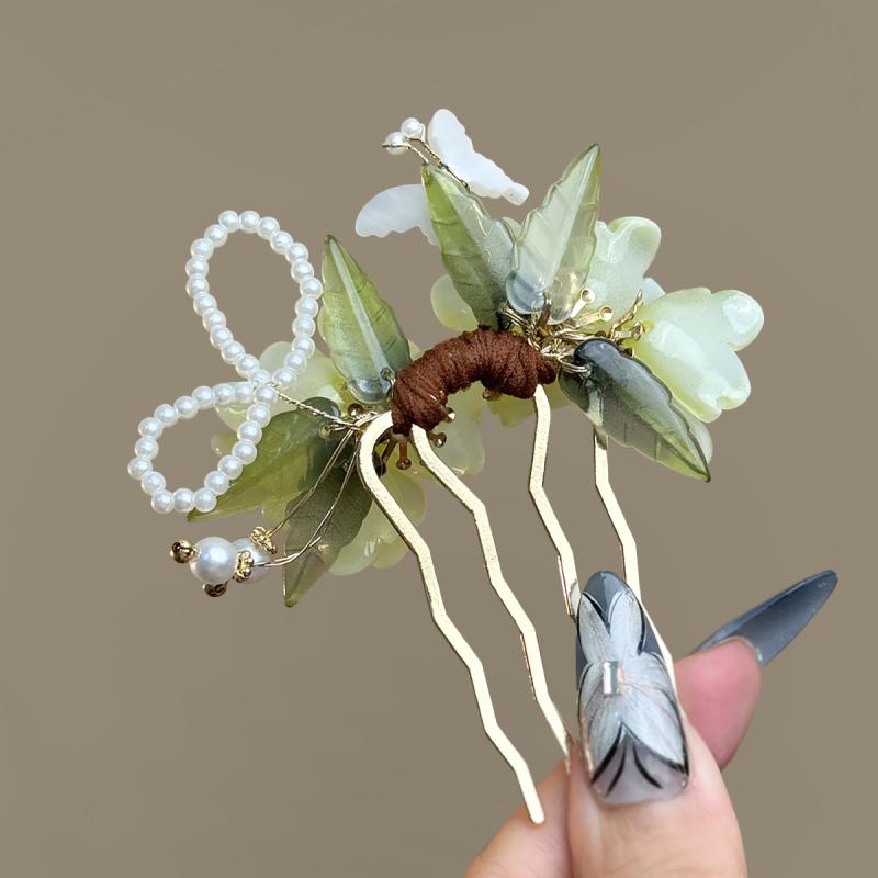 髪飾り レディース 緑 牡丹 芍薬 花 かんざし 簪 チャイナドレス アクセサリー メタル U字型 手編み 挿し梳き 丸子頭 サイド 夏 かわいい おしゃれ 華やか 爽やか 女性 ヘアピン 花飾り