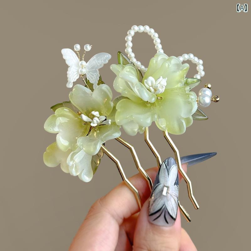 ふんわり暮らし鞄店の髪飾り レディース 緑 牡丹 芍薬 花 かんざし 簪 チャイナドレス アクセサリー メタル U字型 手編み 挿し梳き 丸子頭 サイド 夏 かわいい おしゃれ 華やか 爽やか 女性 ヘアピン 花飾り｜アングル2