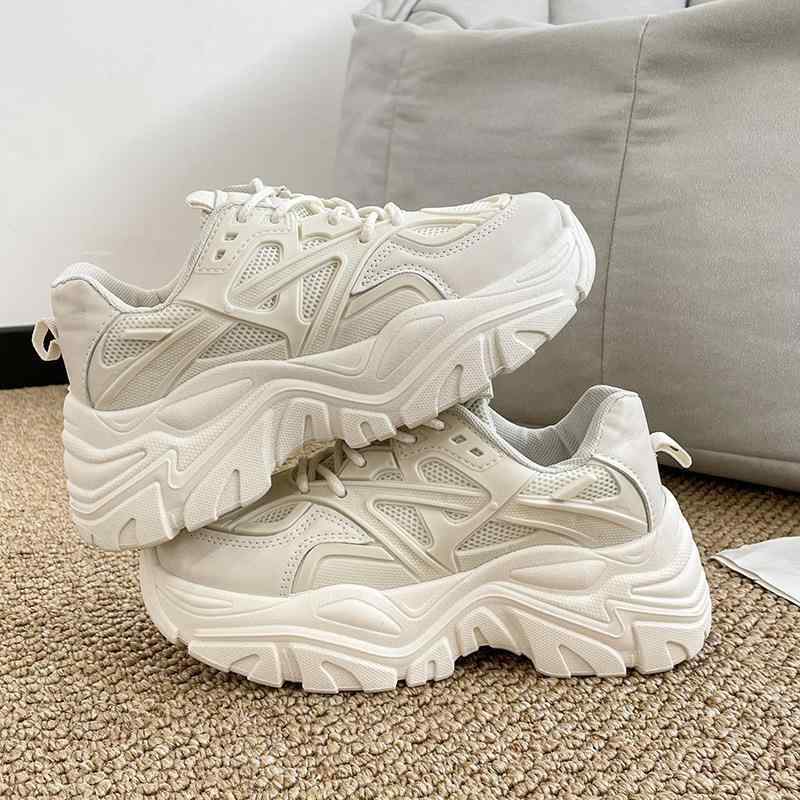 Rakuten - スニーカー レディース 厚底 ダッドシューズ 透湿 メッシュ内張り 低カット 丸トゥ 粗跟 中ヒール 合成皮革 レースアップ オールシーズン 黒 白 純色 キャジュアル 普段使い