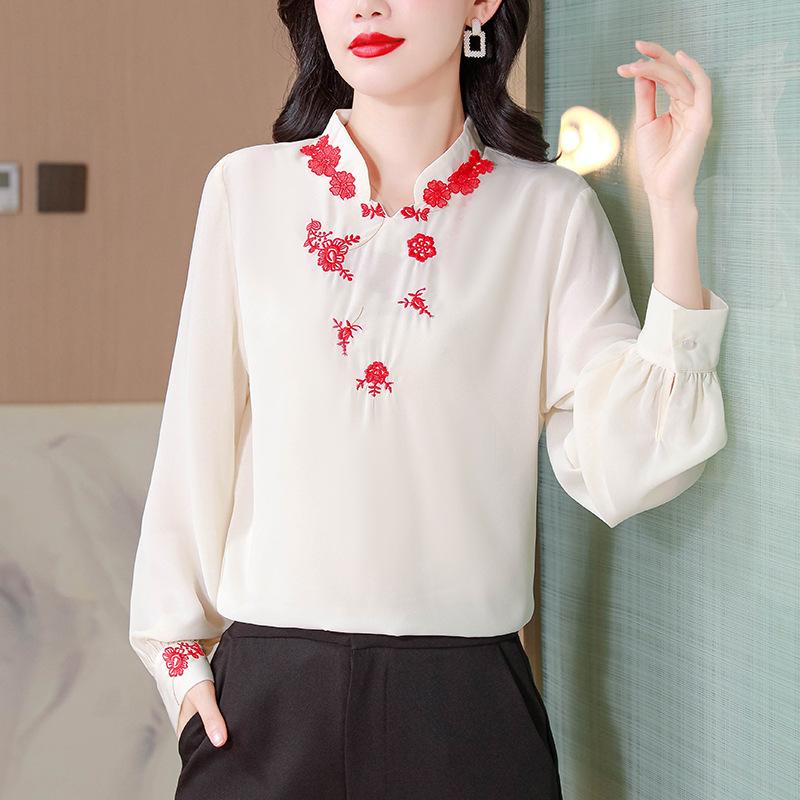 Three-Quarter - シャツ レディース 中華風 かわいい 刺繍 花柄 長袖 ゆったり 立ち襟 ボタン ポリエステル ストレッチ 通勤 気品 春 軽やか デザイン