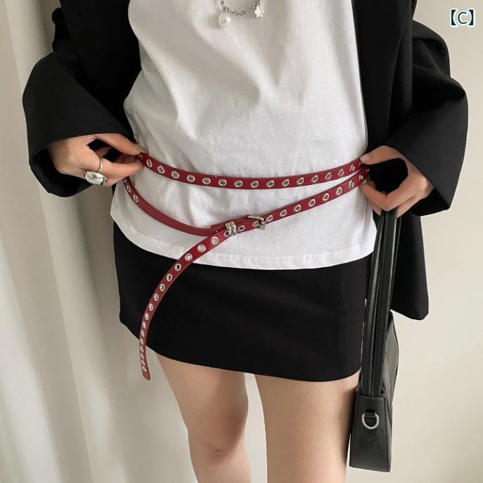 ベルト レディース 女性用 韓国ファッション デザイン 穴なし フリーサイズ 二重 個性的 ウエストマーク スカート ジーンズ デニム パンツ ワンピース カジュアル PUレザー ブラック アイボリー レッド 3