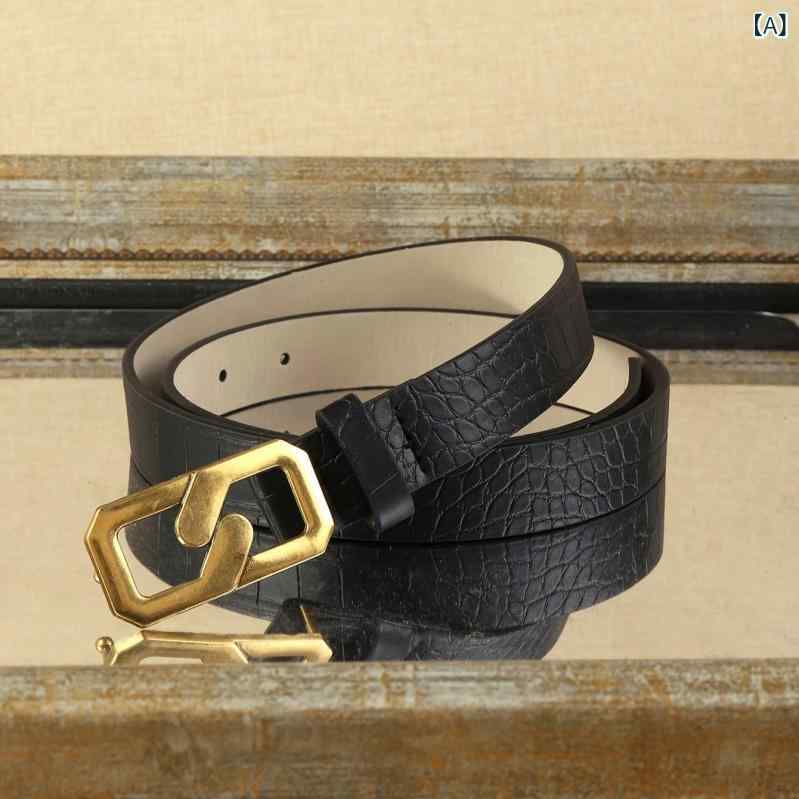ふんわり暮らし鞄店のベルト レディース 女性用 PUレザー 合皮 細ベルト 針バックル 水波紋型押し デニム ジーンズ パンツ スラックス スカート ワンピース カジュアル オフィス 通勤 普段使い おしゃれ かわいい きれいめ エレガント 万能 ブラック｜アングル2