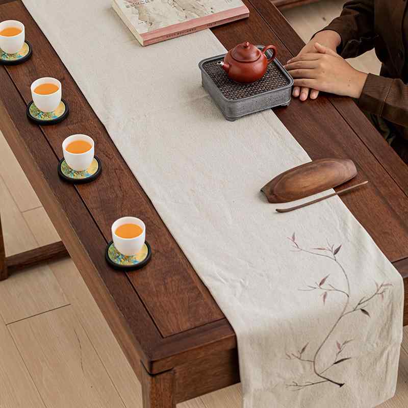 テーブルランナー 中国風 禅意 手描き 綿麻 コットンリネン 生地 長方形 テーブルマット テーブルクロス 茶席 高級感 上品 レトロ リビング 普段使い おもてなし 茶卓
