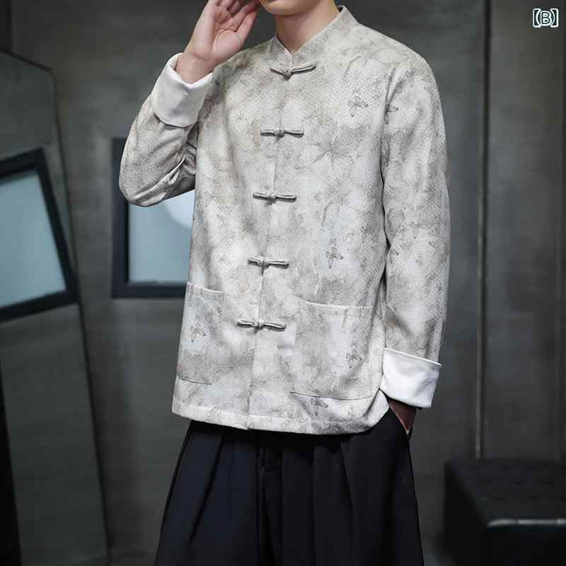 アウター メンズ 中国風 唐装 漢服 ジャケット ゆったり 大きいサイズ ビッグシルエット レトロ スタンドカラー 盤釦 秋冬 ポリエステル カジュアル 普段使い ブラック カーキ ライトグレー