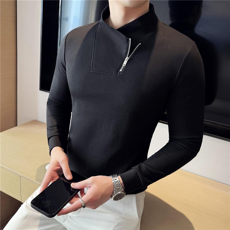 Rakuten - カットソー メンズ 男性用 ハイネック 長袖 スリムフィット 襟元 斜めジップデザイン 綿混 コットンブレンド 通気性 カジュアル 普段使い 秋冬 ホワイト ブラック 白 黒