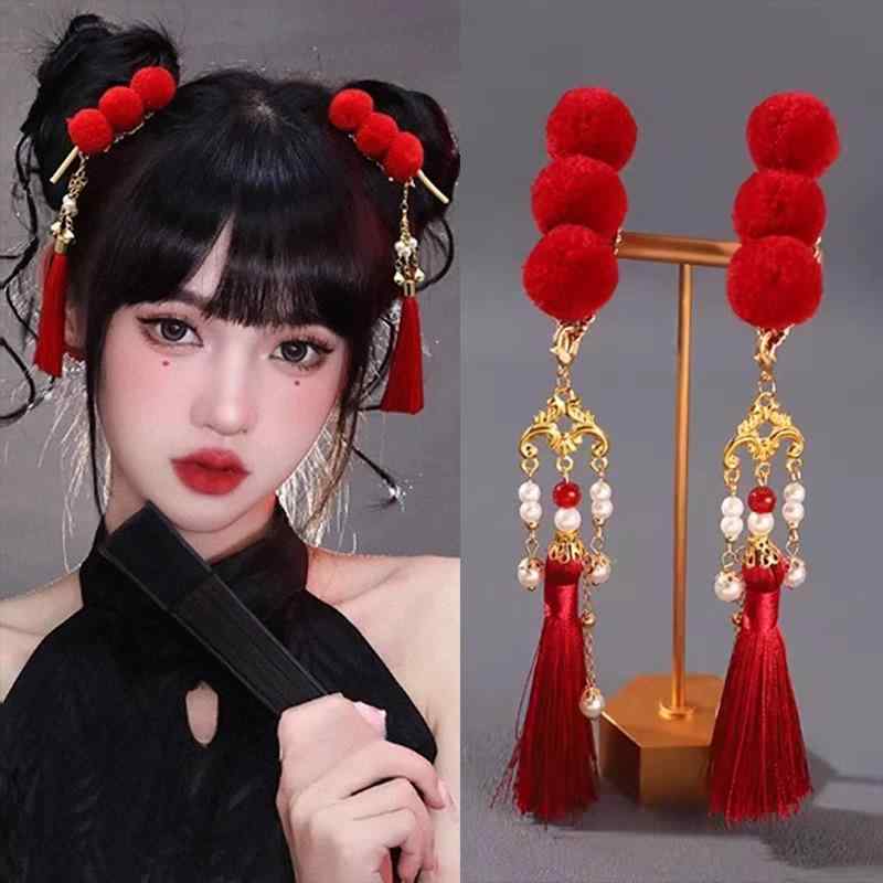 Rakuten - ヘアアクセサリー レディース モダンチャイナ タンフールーモチーフ レッド タッセル ファーボール 髪留め お正月 漢服 お団子ヘア 和装 中華風