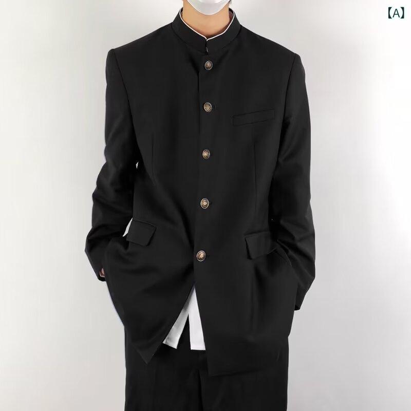 ふんわり暮らし鞄店のジャケット メンズ 若者 新中華風 中山服 ブラック ルーズフィット 化学繊維混紡 アセテート 春秋 青春 流行 カジュアル ダブルボタン メタル装飾｜アングル2