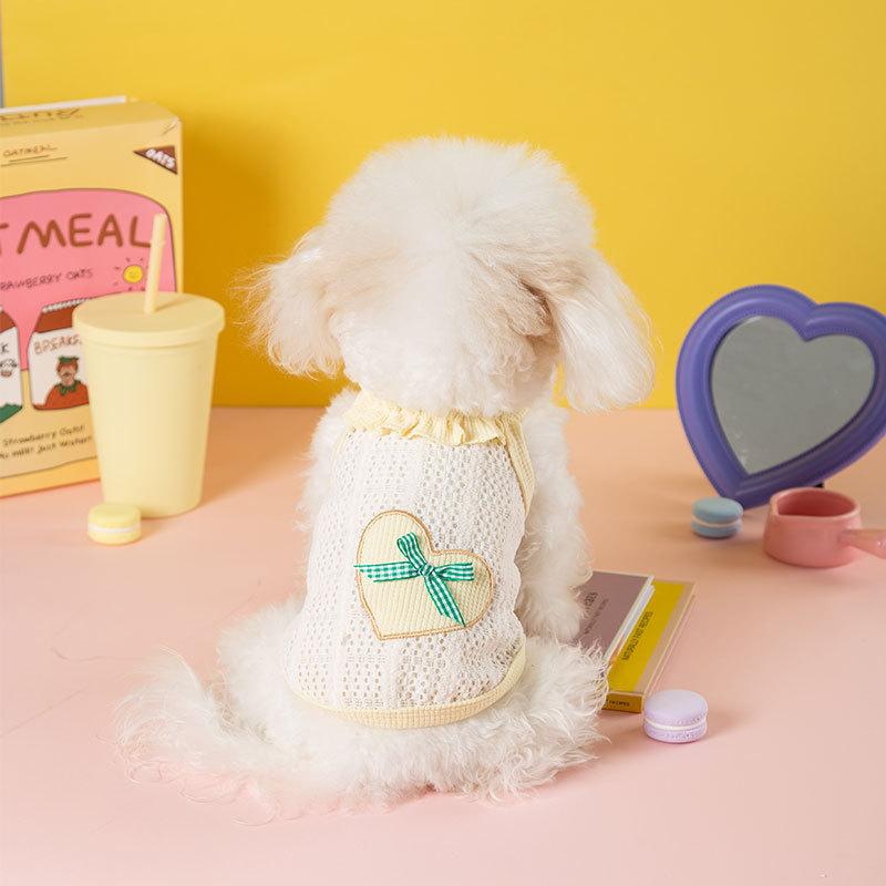 Rakuten - ペット服 中小型犬 猫用 春夏 ハート リボン レース キャミソール トイプードル ビションフリーゼ カジュアル 綿 ポリエステル 普段着 お出かけ ピンク系 イエロー系