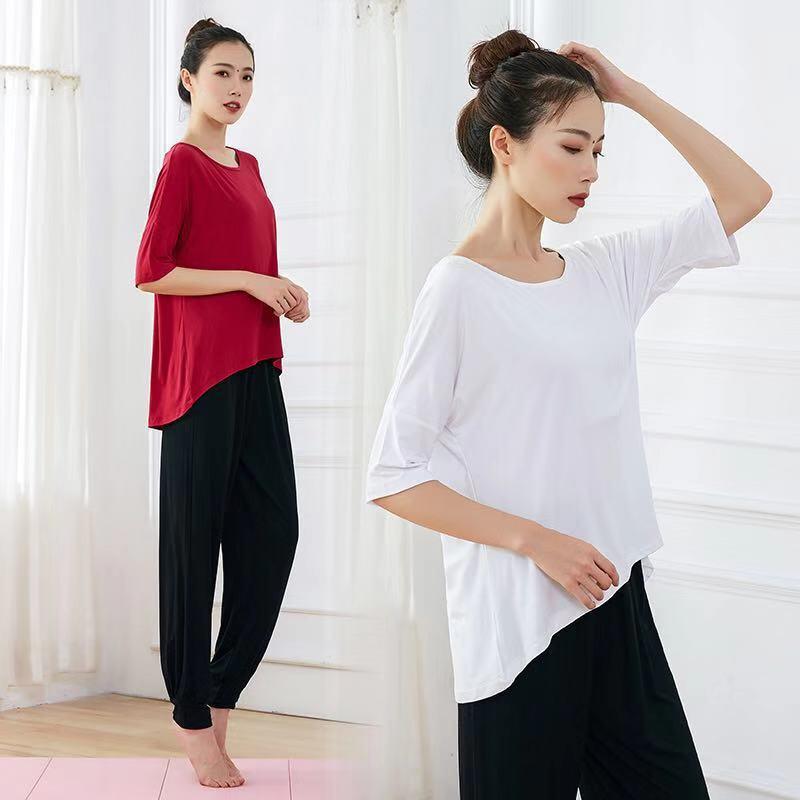 Pants - ダンス トップス レディース ルーズフィット モダール コットン 無地 通気性 ヨガ フィットネス 練習着 七分袖 ロング丈 黒 白 ワインレッド オールシーズン