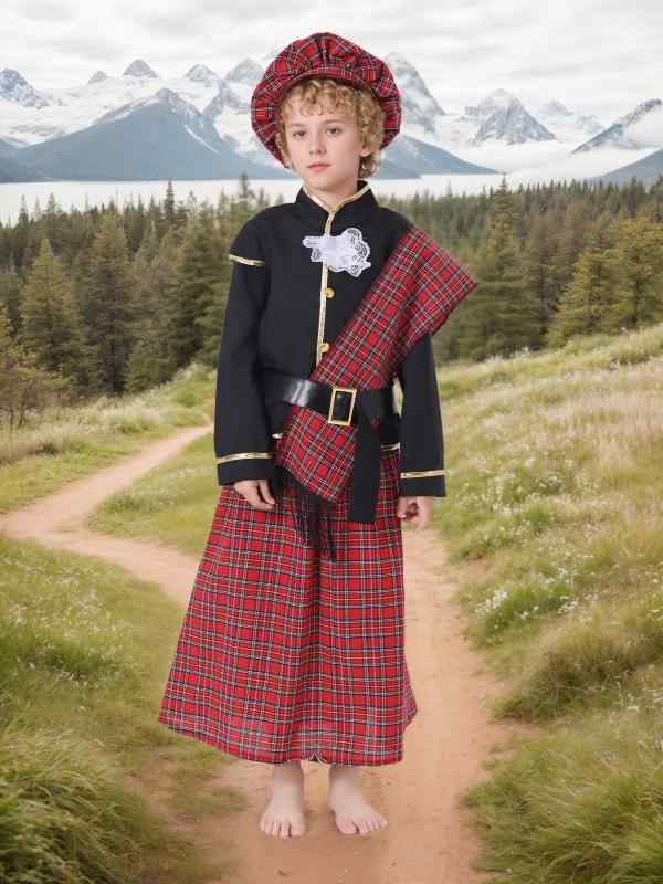 ダンス服 男の子 民族風 スコットランド 格子柄 ハロウィン パーティー 舞台 演出 衣装 欧米 ファンタジー 子供用 柔らかい ポリエステ..