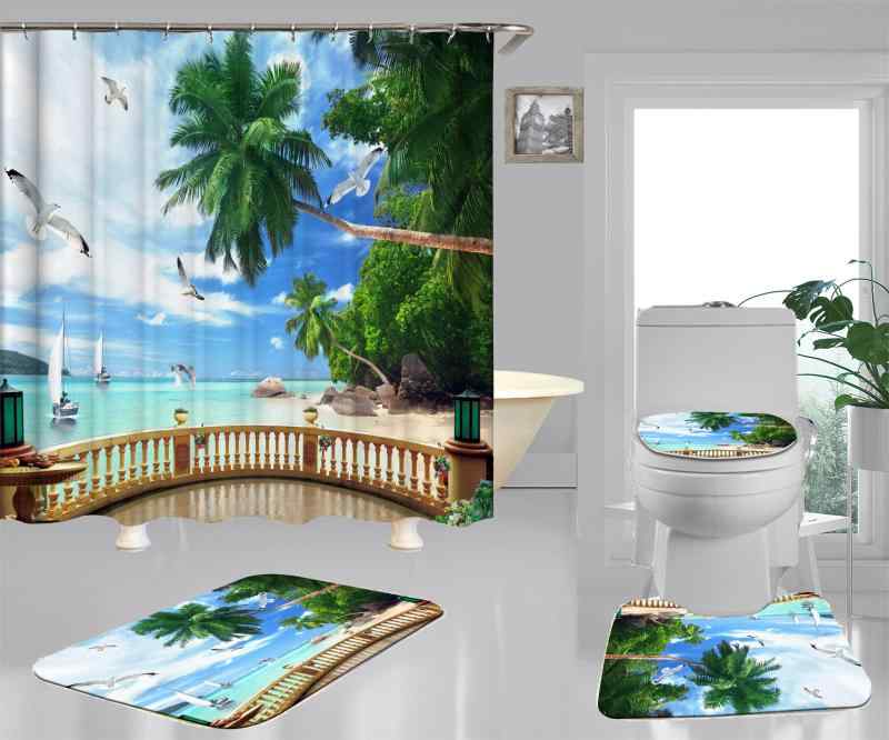 浴室カーテン シャワーカーテン 防水 ポリエステル 海の風景柄 3Dプリント 海洋デザイン 窓辺 海面 景色 おしゃれ モダン インテリア バスルームデコレーション