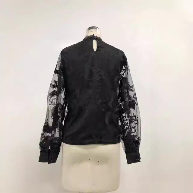 Rakuten - ブラウス レディース シースルーレース パフスリーブ 長袖 ラウンドネック 黒 単色 通勤 上品 刺繍 切り替え ポリエステル ミドル丈 レギュラーフィット プルオーバー 春 シンプル