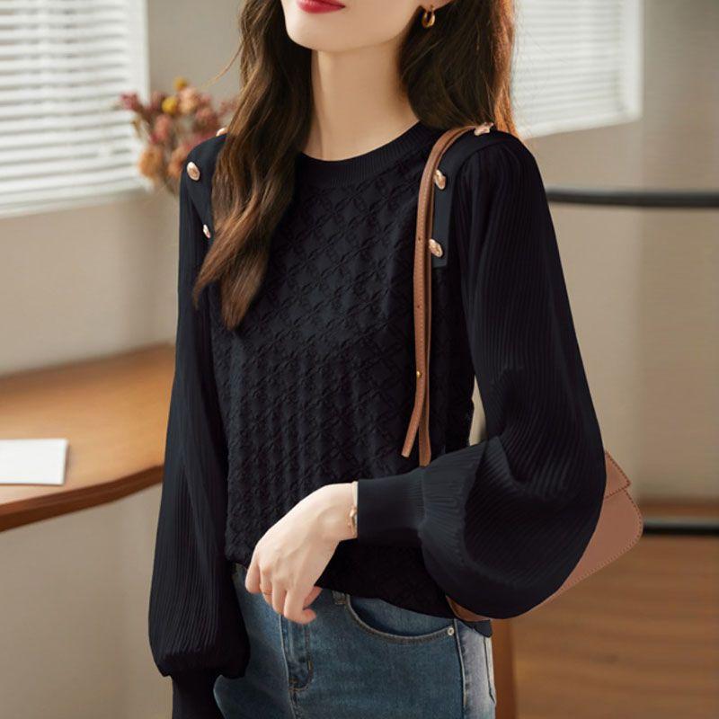 Long-Sleeved Knit - ブラウス レディース 春 レース ニット プリーツ ランタンスリーブ 切り替え 薄手 トップス 通勤 クルーネック ロングスリーブ ボタン 透け 白 黒