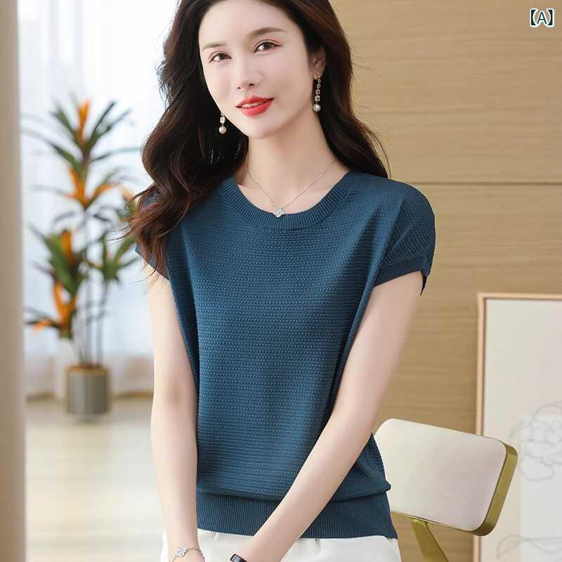 乐天商城 - ニット レディース 半袖 夏 薄手 ゆったり コウモリスリーブ トップス シンプル 通勤 気質 カジュアル ポリエステル クルーネック リブ 加工 青 オレンジ 黒