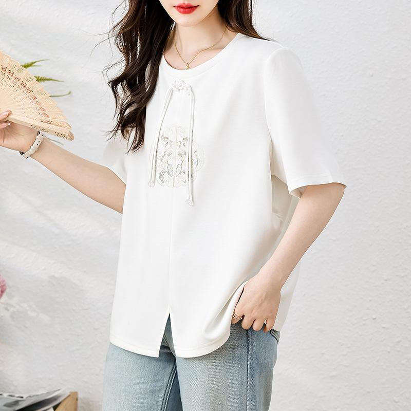 Other - Tシャツ レディース 夏 レトロ 刺繍 中国風 ループボタン 半袖 ポリエステル ゆったり 円領 ミドル丈 黒 白 百搭 若作り エレガント 気質 普段使い トップス かわいい 軽量 吸湿速乾