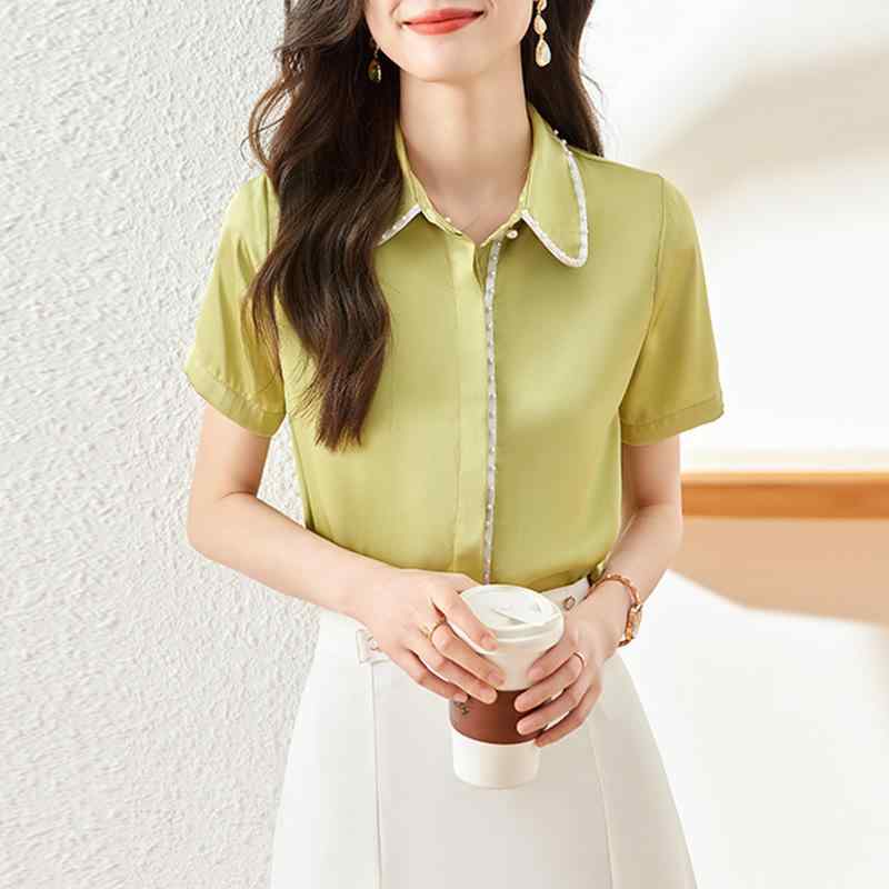Other - ブラウス スカート セット レディース 半袖 シフォン ゆったり 上品 通勤 快適 春夏 緑 白 ミディ丈 単色 ビーズ 切り替え おしゃれ