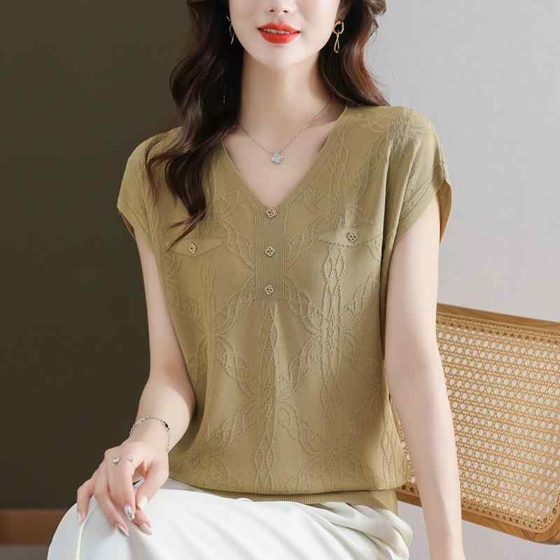 乐天商城 - Tシャツ レディース Vネック 接触冷感 半袖 ゆったり 薄手 ニット トップス 通勤 純色 白 黒 黄 ボタン 夏
