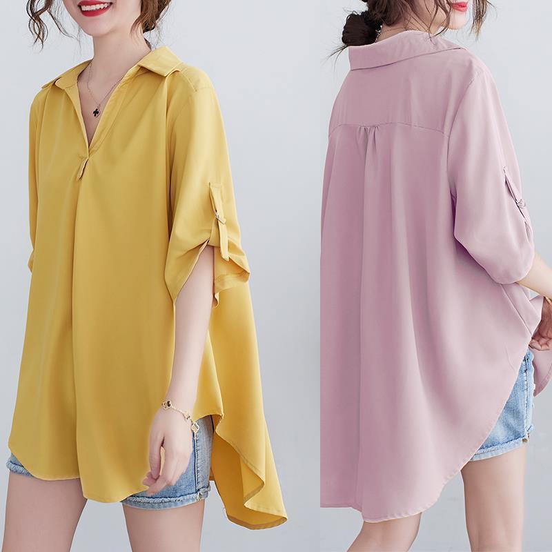 乐天商城 - ブラウス レディース 夏 半袖 シフォン ゆったり 大きめサイズ ぽっちゃり対応 腹隠し スリム Aライン ウエスト収まり 気質 カジュアル ポロ襟 プルオーバー 中長丈 ルーズフィット 無地 ポリエステル 立体装飾 日韓スタイル
