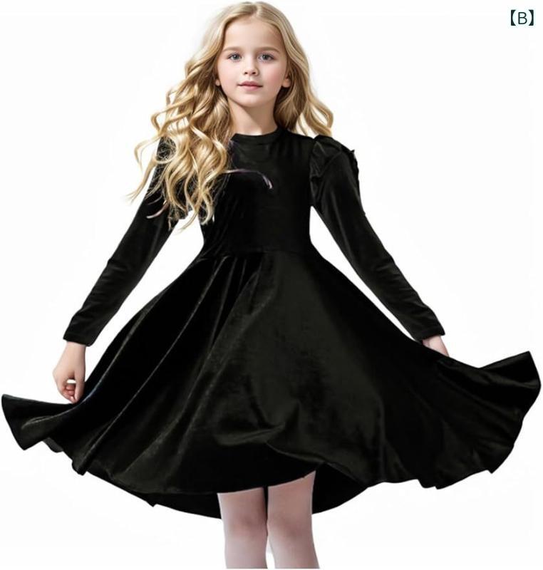 ワンピース 女の子 プリンセスドレス 長袖 フリル カジュアル オールシーズン パーティー ダンス服 かわいい キャンディー ベルベット ポリエステル ピンク ブラック グリーン 3