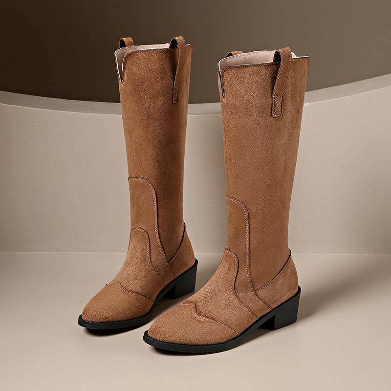Wooden Shoes （Sabot） - ロングブーツ レディース ウェスタン カウボーイ レトロ スエード ハイカット 尖頭 粗跟 中ヒール ステッチ プルオン ソリッドカラー 黒 茶 オールシーズン 普段使い アウトドア