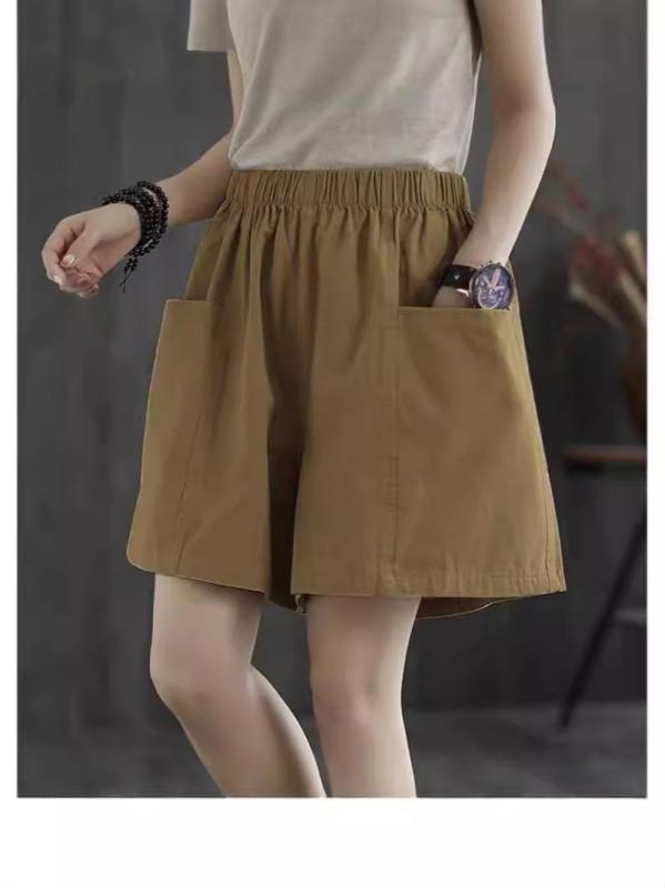 Rakuten - ショートパンツ レディース ハイウエスト ワイドレッグ ルーズ ストレート 夏用 カジュアル 伸縮性 速乾 薄手 5分丈 ポケット ゴムウエスト ドレープ ナイロン 普段使い ブラック グレー カーキ