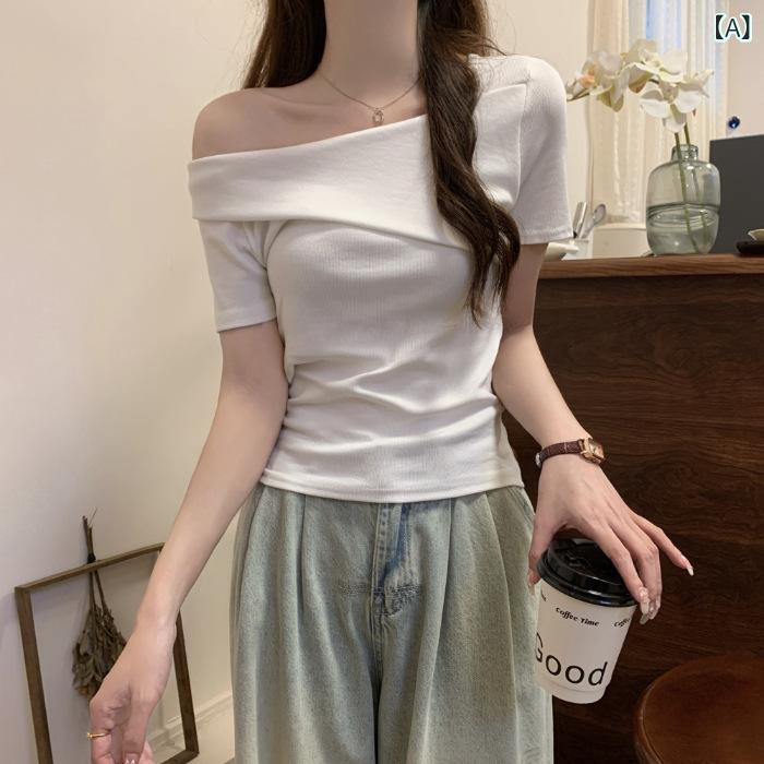 Capri Pants - Tシャツ 春夏 半袖 ショート丈 ボートネック 無地 スリムフィット ウエストシェイプ 通勤 かわいい フェミニン エレガント 気質 白 黒