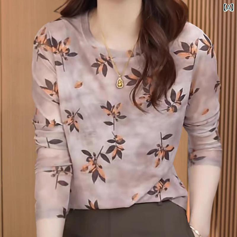 Rakuten - トップス レディース メッシュ 長袖 Tシャツ 花柄 プリント 丸首 プルオーバー インナー 通勤 エレガント 春 ポリエステル 切り替え 普通丈 レギュラー スリムシルエット スタイリッシュ