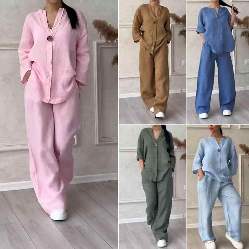 Cropped Pants - セットアップ レディース ビッグサイズ チェニール コットン リネン ハイウエスト ルーズ ロングパンツ 切り替え プリンセス スリーブ 無袖 秋 白 黒 青 エレガント カジュアル 普段使い