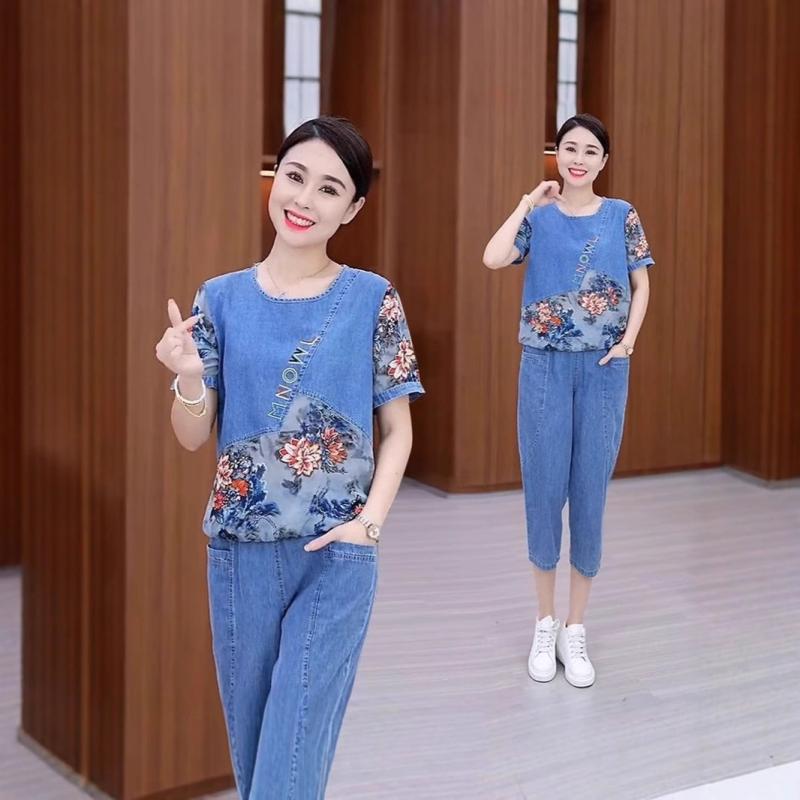 Cropped Pants - レディース セットアップ デニム 夏 ツーピース 半袖 Tシャツ 七分丈パンツ 花柄 立体プリント 切り替え 通勤 カジュアル ビッグサイズ スリム 高見え ゆったり おしゃれ ポリエステル 混 普段使い エレガント