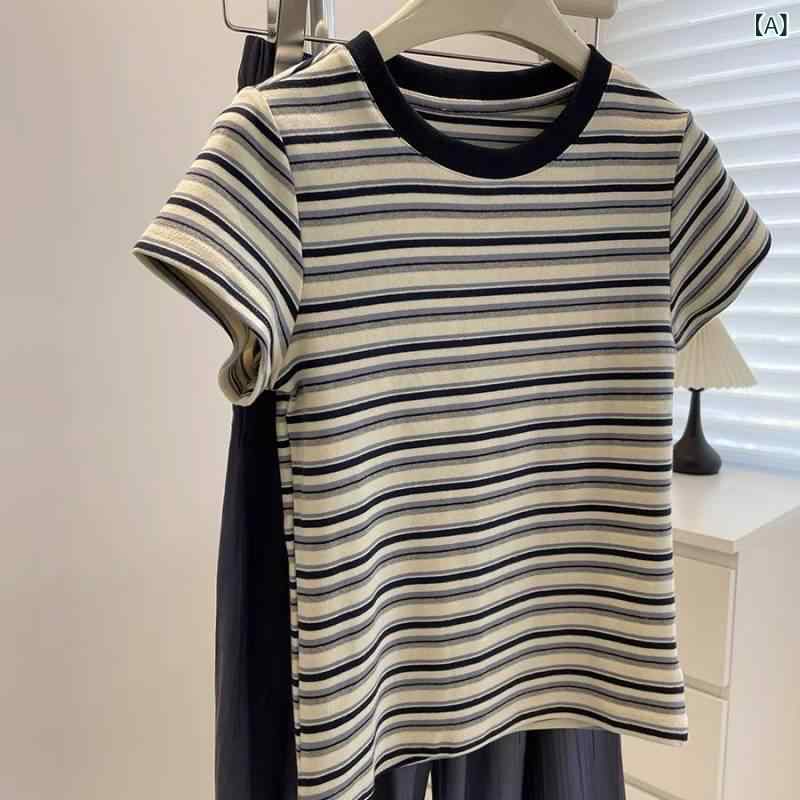 Rakuten - Tシャツ レディース 半袖 クルーネック コントラスト ストライプ柄 青白 夏 通勤 エレガント 都市 スタイル コットン 素材 スリム フィット レギュラー スリーブ 個性的 デザイン ヤング ルック