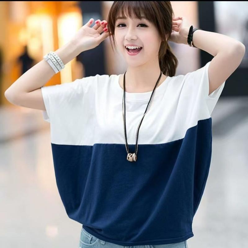 Other - Tシャツ レディース 夏 半袖 プルオーバー 切り替え 白 ブルー ルーズ バットスリーブ クルーネック 再生繊維 ポリエステル 通勤 カジュアル 快適 普段使い 大きめサイズ トップス