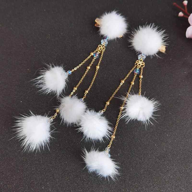 髪飾り 男の子 女の子 かわいい ポンポン タッセル ヘアクリップ ペア 手作り メタル シルバー 金 秋冬 古風 漢服風 コーディネート アクセサリー 普段使い ピーチ ウサギ(4.0)