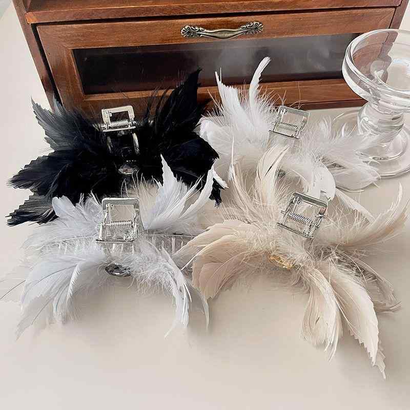 Accessories Supplies - ヘアクリップ レディース バナナクリップ 後頭部 厚髪 フェザーモチーフ ピンク ラインストーン 黒 白 グレー メタル 電気メッキ加工 ウィング ダブルリング かわいい 韓国風 スイート おしゃれ ヘアアクセサリー