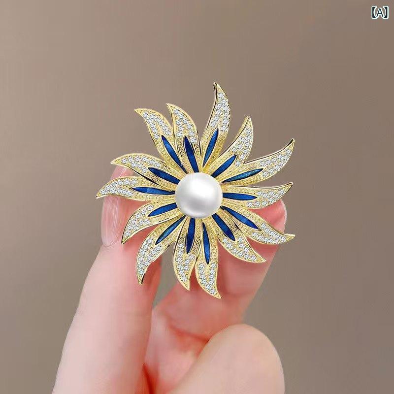 ブローチ レディース 太陽 ひまわり パール ゴールド メッキ 加工 エレガント 装飾...
