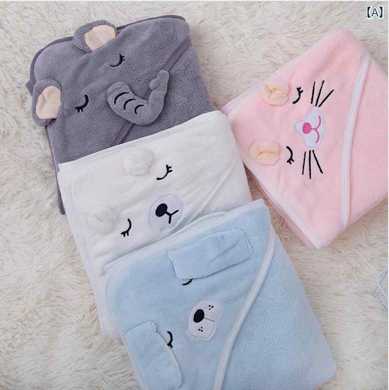Other - バスローブ ベビー 男の子 女の子 フード付き コーラルベルベット 刺繍 かわいい カートゥーン 動物柄 抱っこ毛布 カバーケット 柔らかい 暖か グレー ブルー ピンク