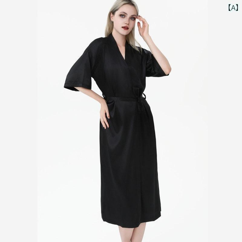 ふんわり暮らし鞄店のスリープローブ レディース ロング丈 Vネック ストレッチ ポリエステル 薄手 セクシー 無地 オールシーズン 高級感 快適 カジュアル ホーム リラックス ブラック ホワイト エレガント｜アングル2