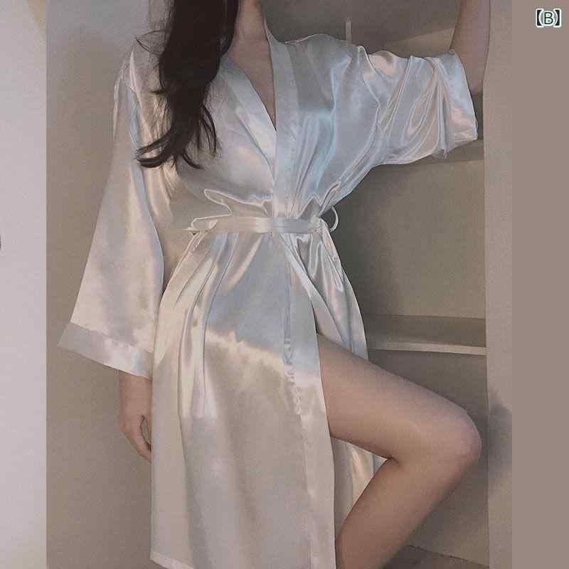ふんわり暮らし鞄店のスリープローブ レディース ロング丈 Vネック ストレッチ ポリエステル 薄手 セクシー 無地 オールシーズン 高級感 快適 カジュアル ホーム リラックス ブラック ホワイト エレガント｜アングル3