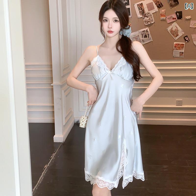 ふんわり暮らし鞄店のパジャマ レディース 春夏 薄手 接触冷感 セクシー キャミソール ガウン 2点セット バスローブ Vネック シフォン ポリエステル 通気性 伸縮 涼感 快適 ホーム リラックス 睡眠 入浴 ライトブルー ピンク｜アングル2