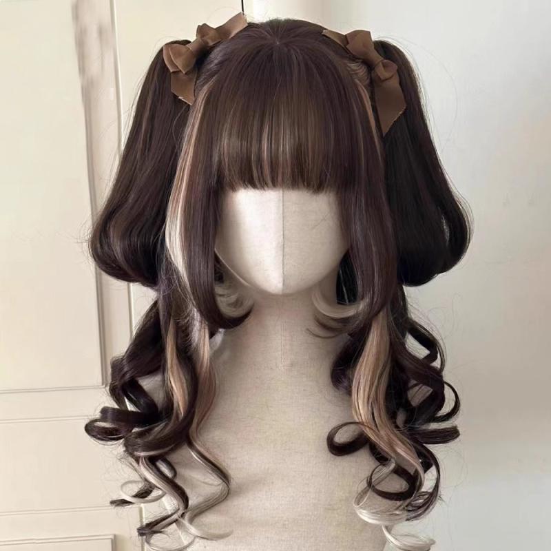 ウィッグ レディース ロングカール ツインテール 虎夾 フルヘッド COSPLAY ロリータ スタイル アニメ スタイリング 長髪 バングス 付き かわいい 卡通 造型