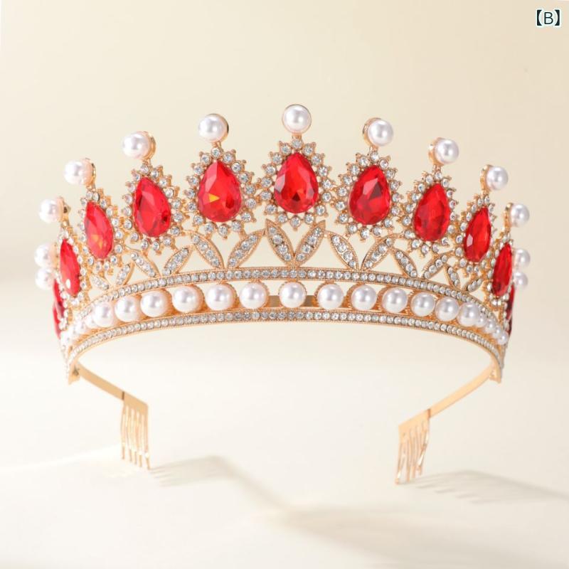 頭飾 レディース 王冠 バロック 欧風 新婦 結婚式 ヘアアクセサリー 合金 ラインストーン 赤水晶 電気メッキ加工 豪華 デザイン 誕生日 パーティー 公演 ステージ 高級感 ゴールド 3