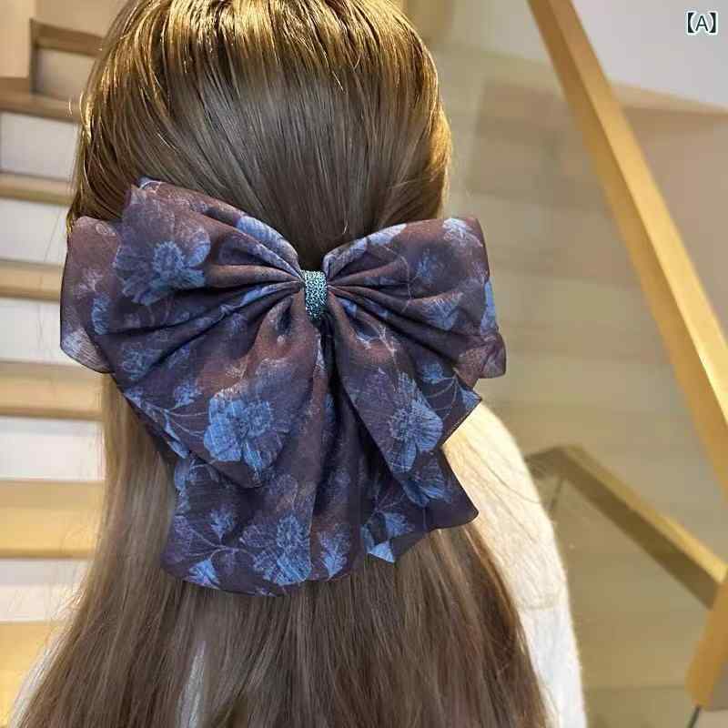 ふんわり暮らし鞄店のヘアクリップ レディース レトロ 高級感 花柄 網紗 蝶結 ラインストーン バナナクリップ ポニークリップ 馬尾 後頭部 春 布 かわいい 個性｜アングル2