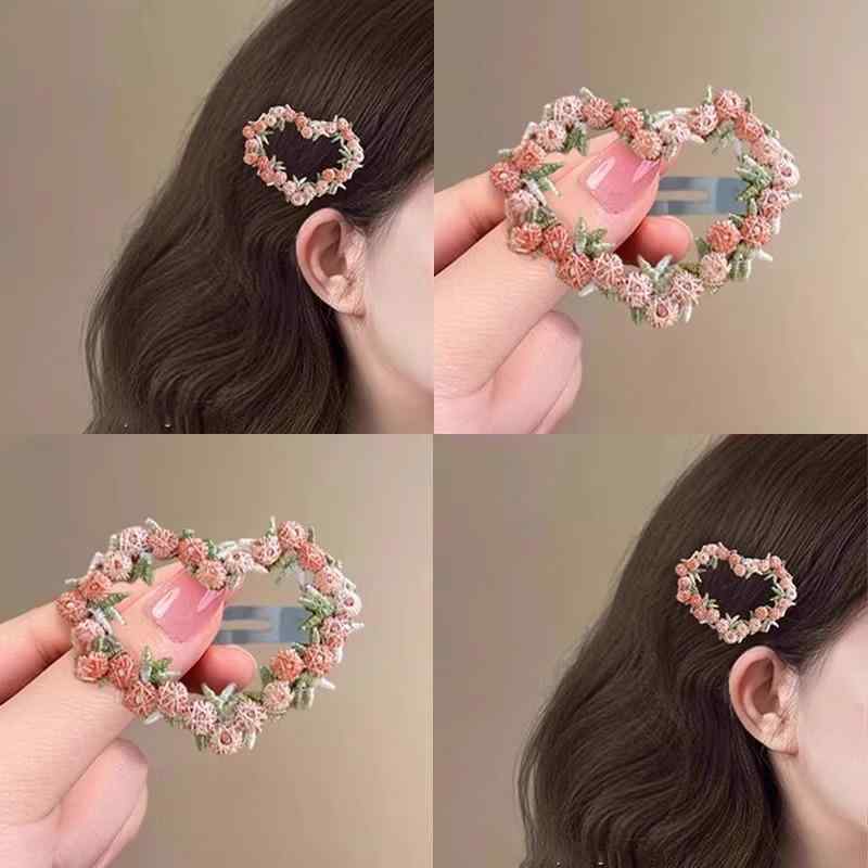 ヘアクリップ レディース 春夏 ピンク ハート 刺繍 バラ花 サイド 前髪 グリップ ...