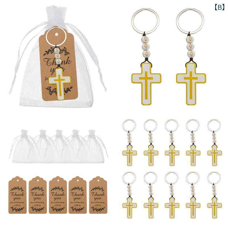 キーホルダー 十字架 木製 ビーズ ロザリオ セット 白 網目袋 タグ 付属 洗礼 聖餐 ギフト アクセサリー 宗教 グッズ 普段使い かわいい デザイン レトロ スタイル 3