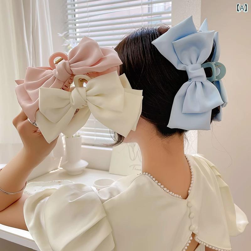 ヘアクリップ 女性 リボン シャーククリップ 大型 後頭部 甘美 高級感 プリンセス 爽やか 夏 サテン ブルー ピンク ホワイト